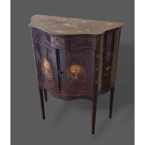 377 - A Sheraton revival small commode of serpentine form, the hinged top enclosing divided interior and t... 