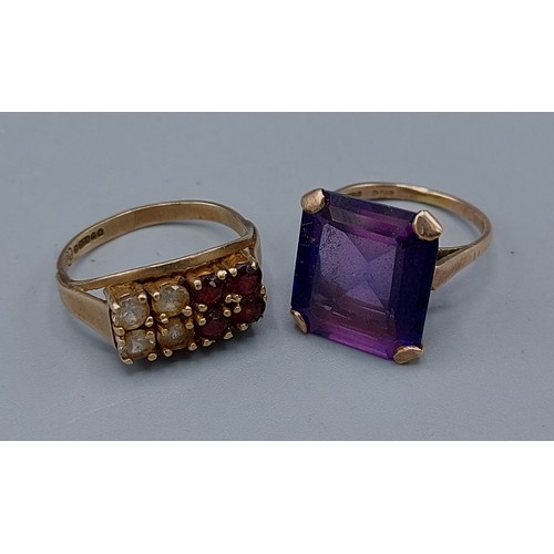 89 - A 9ct gold ring set with a rectangular Amethyst together with another 9ct gold dress ring, 9.1gms