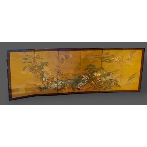 241 - A Chinese six fold screen, hand painted with figures within a landscape, 140cms x 370cms