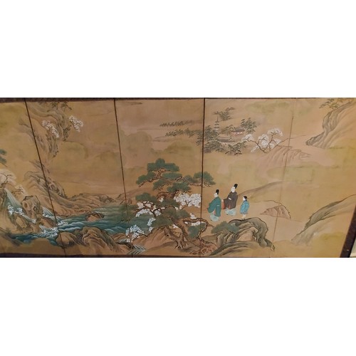 241 - A Chinese six fold screen, hand painted with figures within a landscape, 140cms x 370cms