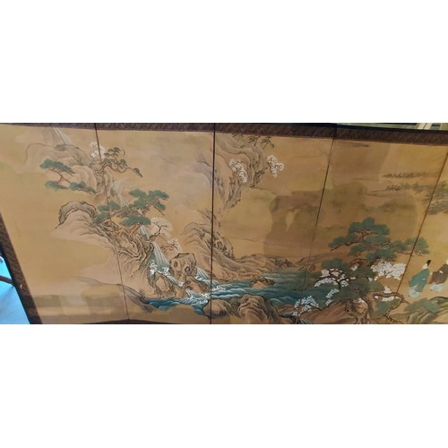 241 - A Chinese six fold screen, hand painted with figures within a landscape, 140cms x 370cms