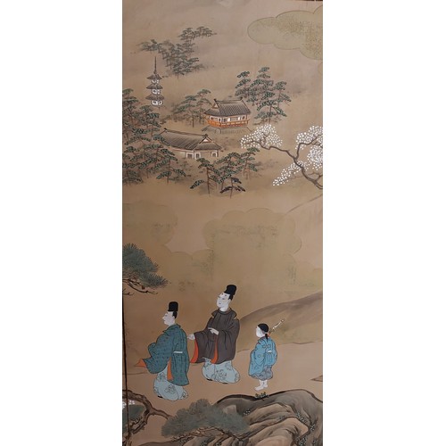 241 - A Chinese six fold screen, hand painted with figures within a landscape, 140cms x 370cms