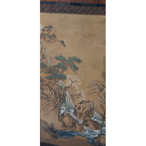 241 - A Chinese six fold screen, hand painted with figures within a landscape, 140cms x 370cms