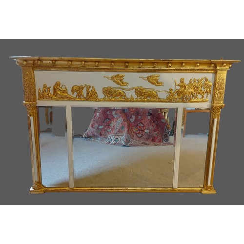 242 - A Regency overmantel mirror with a relief moulded frieze depicting figures in chariots above a secti... 