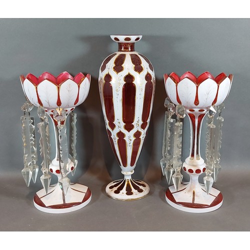 1 - A pair of Bohemian cameo glass lustres with facet glass spears, 27cms tall together with a similar B... 