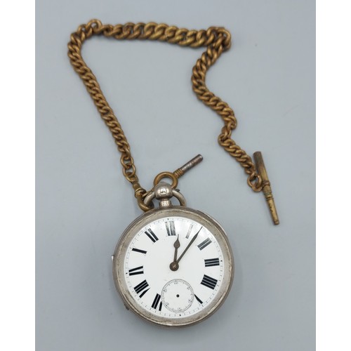 153 - A Birmingham silver pocket watch, the enamel dial with roman numerals, together with a watch chain a... 