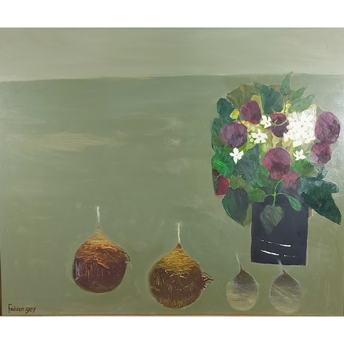 57 - Mary Fedden, Roses and Jasmine, oil on board, signed and dated 1987, 50cms x 60cms, purchased from T... 