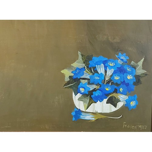 58 - Mary Fedden, Gentians, oil on board, signed and dated 1987, 30cms x 40cms, purchased from The Royal ... 