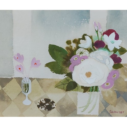 59 - Mary Fedden, vase of flowers upon a table, Collage and watercolour, signed and dated 1987, 19cms x 2... 