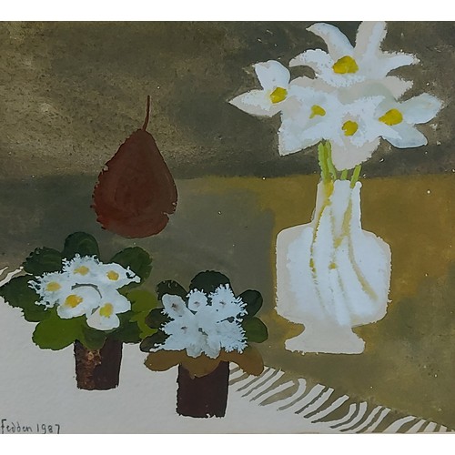 60 - Mary Fedden, vases of flowers and pear upon a table, watercolour, signed and dated 1987, 18cms x21cm... 