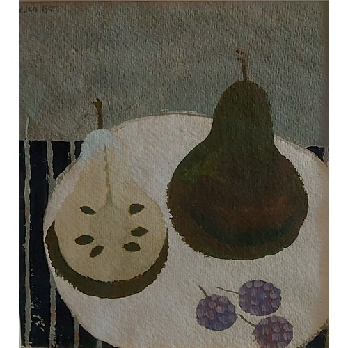 61 - Mary Fedden, Pears and fruit upon a table, watercolour, signed and dated 1987, 17cms x 15cms