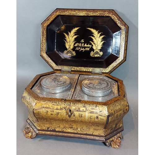 A 19th Century Chinese laquered and gilded tea caddy of octagonal form ...