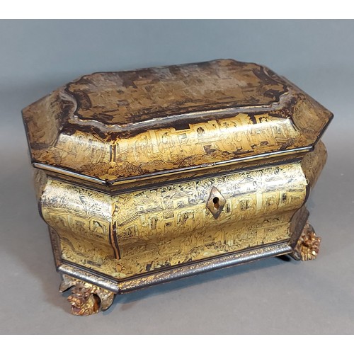 A 19th Century Chinese laquered and gilded tea caddy of octagonal form ...