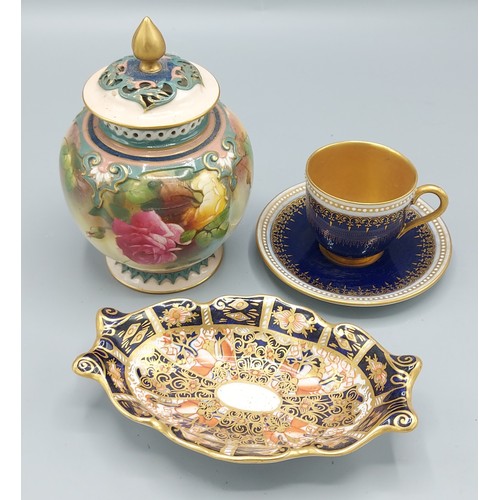 5 - A Royal Worcester Pot Pourri hand painted with roses together with a Royal Worcester cup and saucer ... 