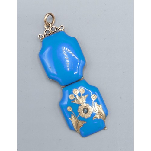 99 - A yellow metal, powder blue enamel and pearl set pendant locket, 6.9gms