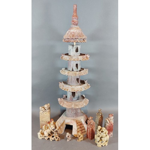 219 - A Chinese hardstone model in the form of a tower, 50cms tall together with other Chinese hardstone f... 