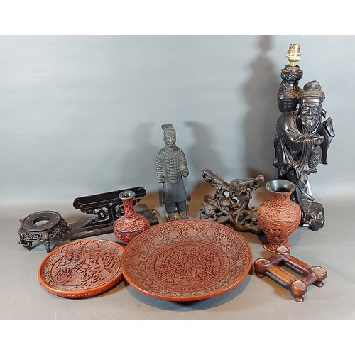 220 - A Chinese root carving table lamp together with other related items