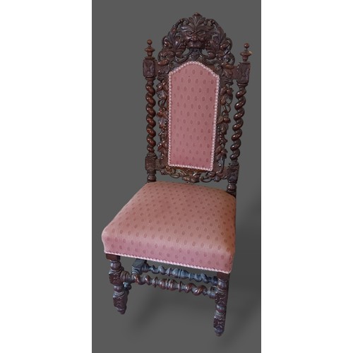 308 - A set of six Victorian dining chairs, each with a pierced carved back with barley twist columns abov... 