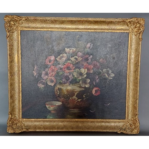 55 - Leonard Carr-Cox, still life, Chrysanthemums in a jardinier upon a table, oil on canvas, signed, 50c... 