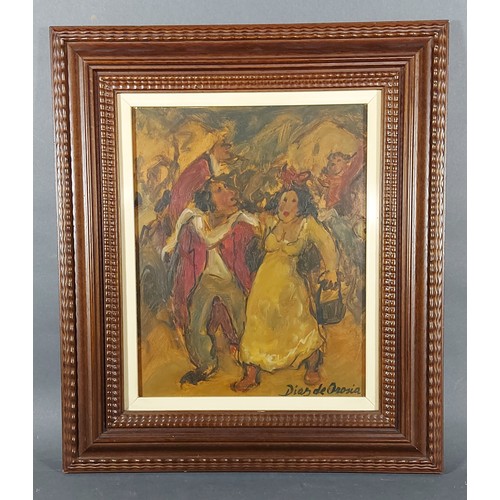 56 - Roberto Diaz De Orosia, figures dancing, oil on board, signed, 24.5cms x 19.5cms