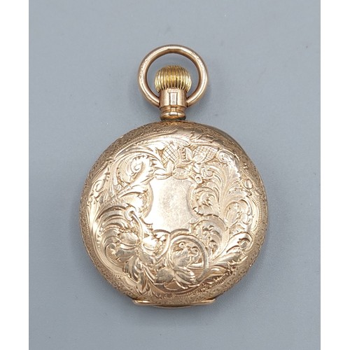 165 - A 9ct gold fob watch with engraved decoration, 32.1gms total weight, 3.5cms diameter