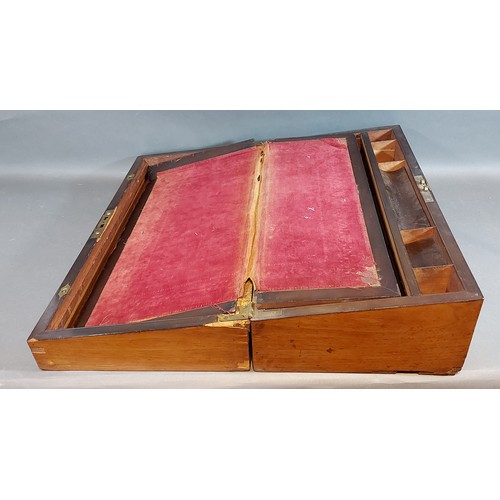 274 - A 19th Century burr walnut foldover writing box, the hinged cover enclosing a fitted interior togeth... 