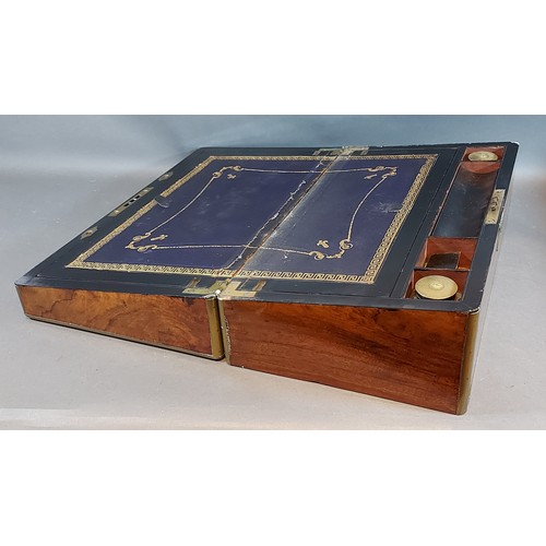 274 - A 19th Century burr walnut foldover writing box, the hinged cover enclosing a fitted interior togeth... 