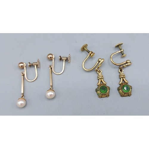 98 - A Pearl and green stone set drop pendant together with a similar brooch, a pair of 9ct gold pearl dr... 