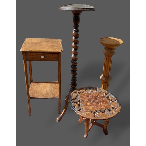 378 - Two Torchere together with an oak two tier table and a small table
