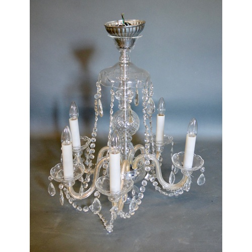 299 - A Cut Glass Five Branch Chandelier with facet cut glass drops, 63cms