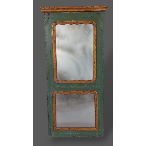 442 - A green and gilded double pier glass, 138cms x 65cms