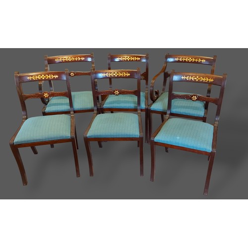 446 - A set of six carved rail back dining chairs, together with a twin pillar extending D end dining tabl... 