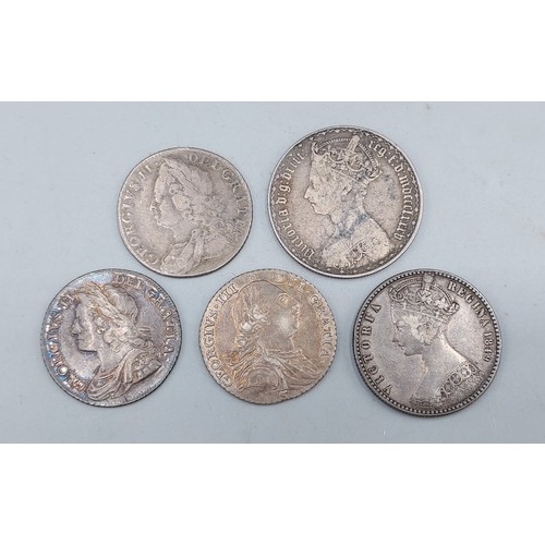 229 - A George III Silver Shilling dated 1787 together with two George II silver Shillings, 1739 and 1758 ... 