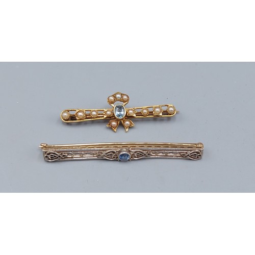 56 - A 15ct gold bar brooch with a central Aquamarine and Pearls in the form of a bow together with a 14c... 