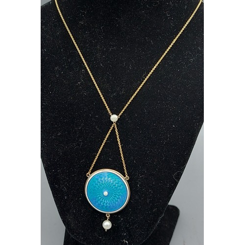 59 - A 9ct gold necklace with blue enamel pendant with central Pearl above a drop Pearl