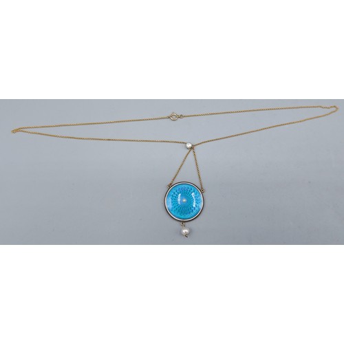 59 - A 9ct gold necklace with blue enamel pendant with central Pearl above a drop Pearl