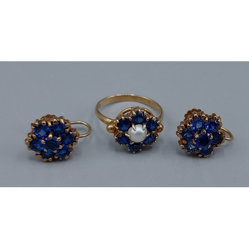 61 - A 9ct gold Sapphire and Pearl set cluster ring, 2.6gms, ring size L together with a pair of 9ct gold... 