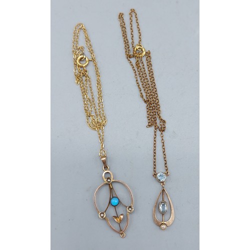 62 - A 9ct gold Pearl and Turquoise set pendant with chain together with another similar pendant with cha... 