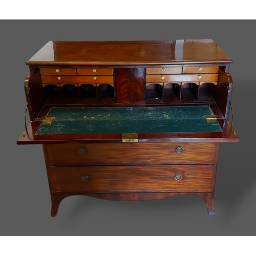 384 - A 19th Century mahogany secretaire chest, the moulded top above a fitted secretaire drawer, three fu... 