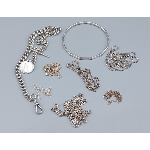 109 - A silver watch chain of curb link form with Albert clasp together with a collection of silver neck c... 