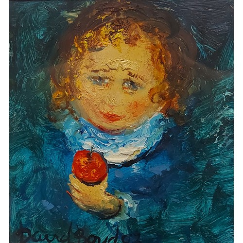 27 - David BOYD, study of a child with apple, oil on board, signed, 18cms x 17cms ARR applies