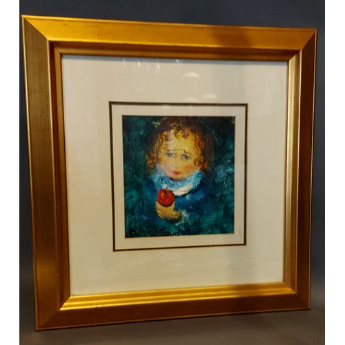 27 - David BOYD, study of a child with apple, oil on board, signed, 18cms x 17cms ARR applies