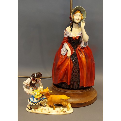 3 - A large Royal Doulton figure Marjorie HN1413 table lamp together with a Beswick figure with Goat