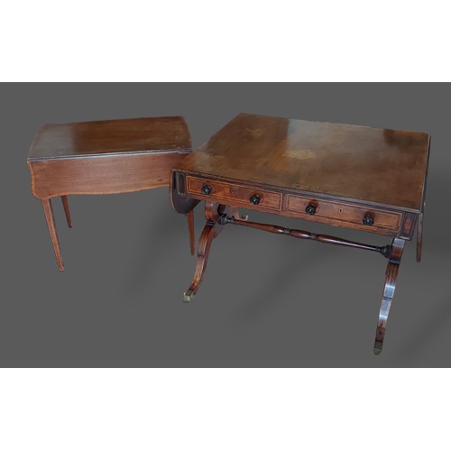 386 - A Regency Mahogany line inlaid drop flap sofa table with twin end supports together with a mahogany ... 