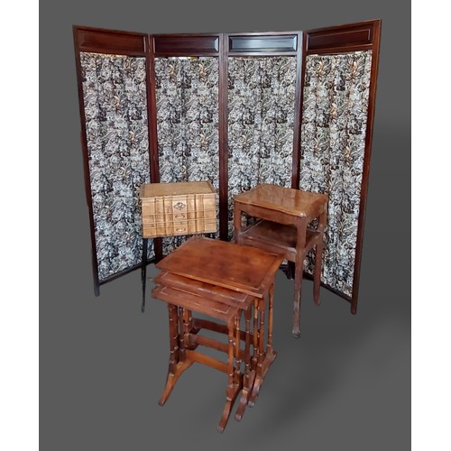 397 - A Chinese hardwood four fold screen together with a hardwood table, a nest of tables and a workbox