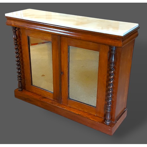 401 - A 19th Century Chiffonier, the marble top above two mirrored doors flanked by spiral columns raised ... 