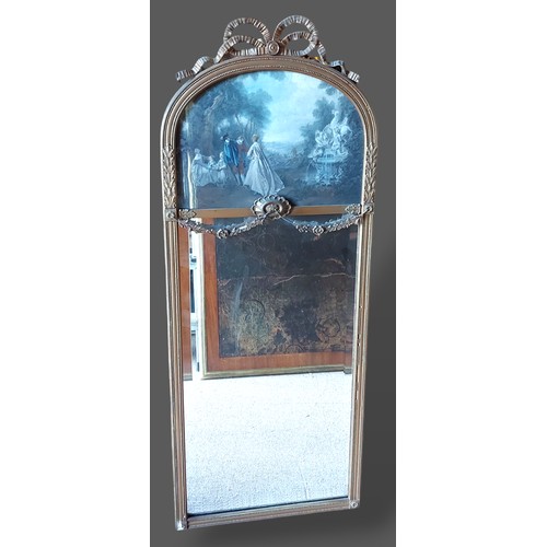 404 - A 19th Century French wall mirror Trumeau with bow cresting, 99cms x 39cms