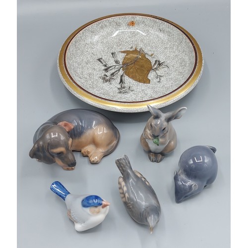 4 - A Royal Copenhagen model in the form of a dog together with two similar models of birds, a Mouse, a ... 