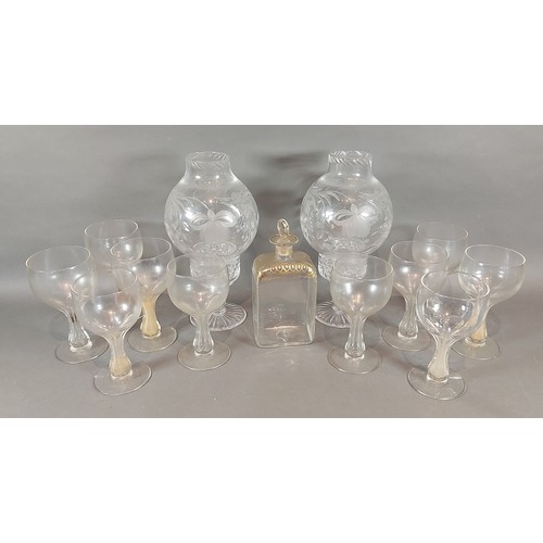 9 - A pair of glass storm lamps together with a set of ten wine glasses and a Georgian decanter