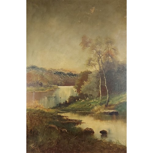 77 - Joel Owen, river scene, oil on canvas, signed, 75cms x 50cms